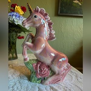 Pearlescent pink ceramic unicorn